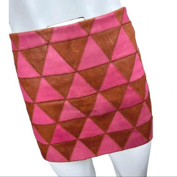 Kelly Wearstler Iraz Leather Mini Skirt- Magenta & Cognac Sz 8 - Picture 9 of 11